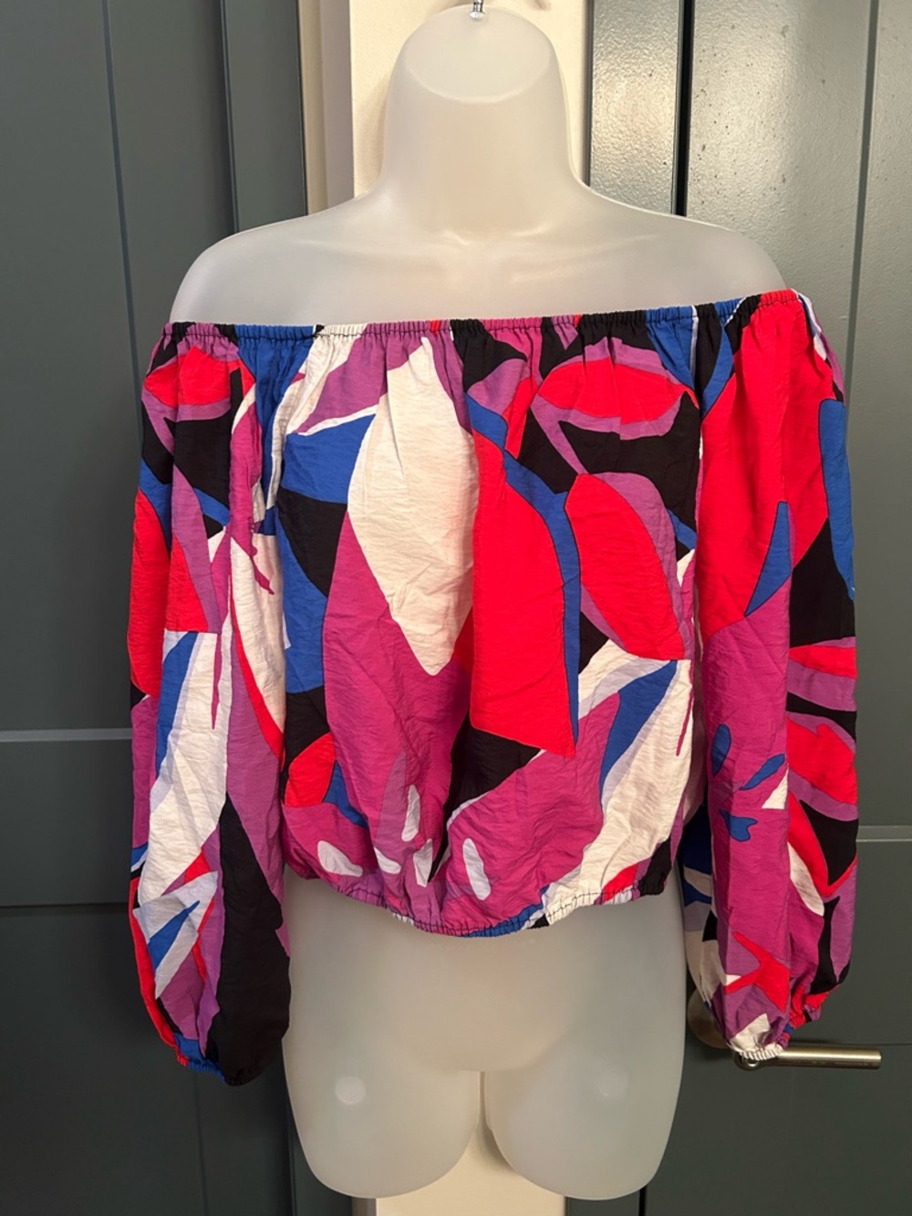 Nine West Abstract Off-Shoulder Top in Pink, Red, Blue & Black